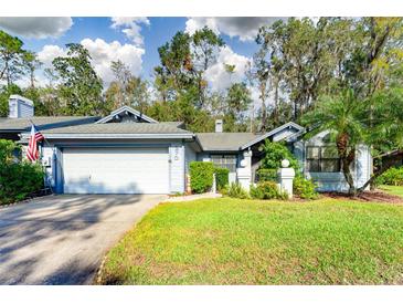 Cute light blue house with a well-manicured lawn and attached garage at 270 Pinewinds Blvd, Oldsmar, FL 34677