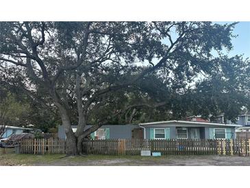 Newly painted home with teal shutters and a large oak tree in the front yard at 2820 W Leila Ave, Tampa, FL 33611