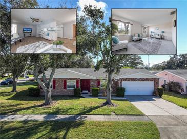 Brick ranch home with attached garage and mature landscaping at 1875 Stetson Dr, Clearwater, FL 33765