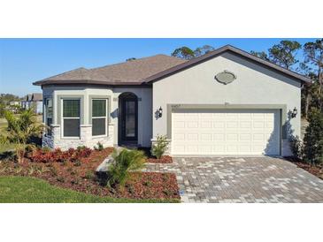 Single-story home with a two-car garage and landscaped front yard at 9457 Barnacle Ln, Parrish, FL 34219