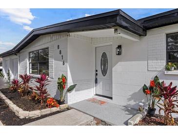 Updated mid-century home with white brick exterior, landscaping, and a modern front door at 8816 Ashman Rd, Riverview, FL 33578