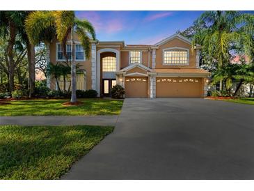 Two-story house with a three-car garage and palm trees in the front yard at 1858 Longview Ln, Tarpon Springs, FL 34689