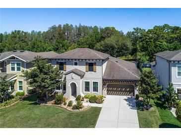 Two-story house with gray siding, brown roof, and landscaping at 4911 Diamonds Palm Loop, Wesley Chapel, FL 33543