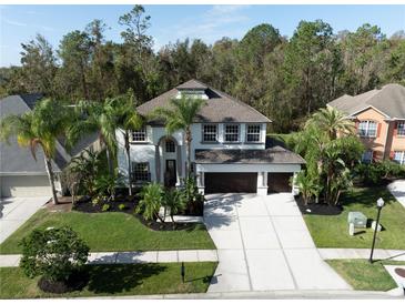 Beautiful two-story home with a spacious driveway, well-manicured lawn and lush tropical landscaping at 3405 Loggerhead Way, Wesley Chapel, FL 33544