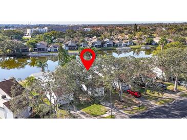 Aerial view of a lakeside property featuring mature trees and a well-maintained community at 155 Nina Way, Oldsmar, FL 34677