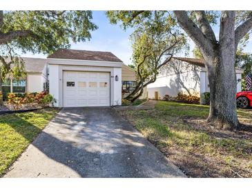 Front view of charming condo with attached garage and well-maintained landscaping at 155 Nina Way, Oldsmar, FL 34677