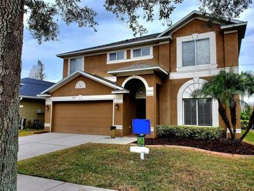 Two-story house with a brown exterior, two-car garage, and landscaping at 4027 Harbor Lake Dr, Lutz, FL 33558