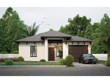 Modern single-story home with dark brown garage door and white exterior at 8317 N Ogontz Ave, Tampa, FL 33604