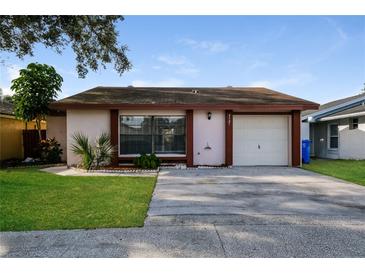 Cute one-story house with a garage and well-maintained lawn at 4721 Grove Point Dr, Tampa, FL 33624