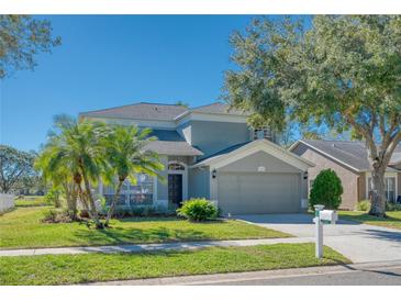 Two-story house with gray siding, palm trees, and a two-car garage at 12818 Royal George Ave, Odessa, FL 33556