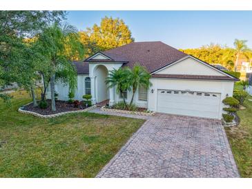 Beautiful home with a large yard, palm trees, and a brick driveway at 16310 Ashington Park Dr, Tampa, FL 33647