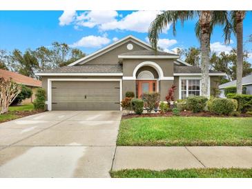 Attractive single-story house with a two-car garage and well-manicured lawn at 22247 Red Jacket Ln, Land O Lakes, FL 34639