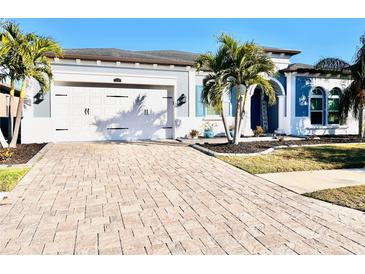 Attractive home exterior with a white garage door and paver driveway at 13307 Fawn Lily Dr, Riverview, FL 33579