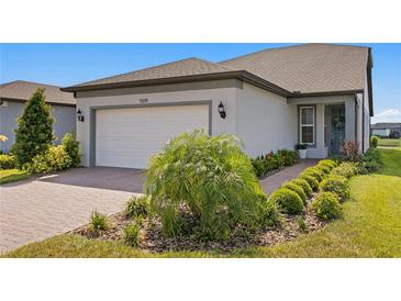 Single-story home with white garage door and landscaped front yard at 5519 Blue Crush Bnd, Land O Lakes, FL 34638