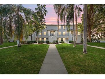 Building exterior at dusk, showcasing landscaping and walkway at 7240 E Bank Dr # 204, Tampa, FL 33617