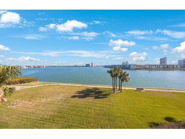 Scenic waterfront view with palm trees and lush green grass at 8001 Sailboat Key S Blvd # 202, St Pete Beach, FL 33707