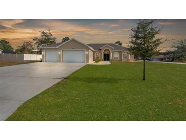 Single-story house with a two-car garage and a large front yard at 13254 Kitty Rd, Weeki Wachee, FL 34614