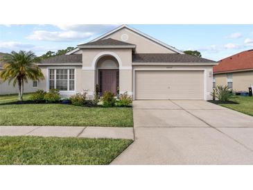 Beautiful one-story home with a two-car garage and well-manicured lawn at 25237 Lexington Oaks Blvd, Wesley Chapel, FL 33544