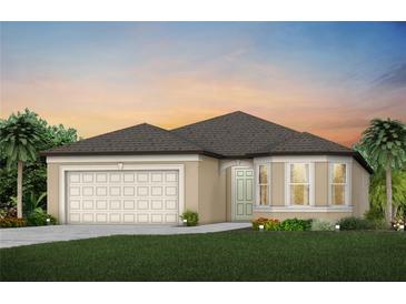 Single-story home with a two-car garage and landscaping at 9813 Crescent Moon Dr, Riverview, FL 33578