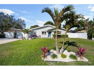 Updated home exterior boasts curb appeal with a well-manicured lawn and palm trees at 638 Mehlenbacher Rd, Belleair, FL 33756