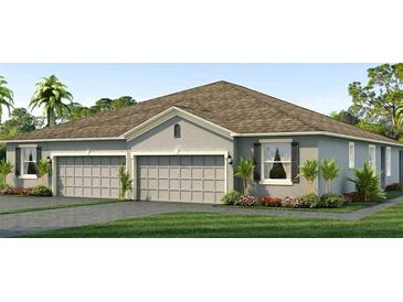 Two-car garage, light grey exterior, brown roof, landscaping at 688 157Th E Ct, Bradenton, FL 34212