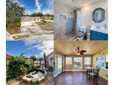 A collage showcasing the home's exterior, bathroom, sunroom, and pond at 12233 Bartkus Ct, Hudson, FL 34669