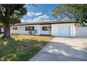 Updated Ranch home with light blue garage door and manicured lawn at 8462 8Th N Way, St Petersburg, FL 33702