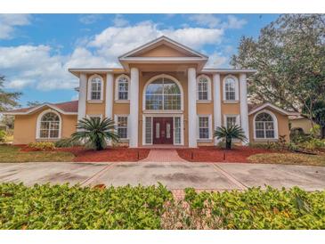 Two-story house with columns,red mulch, and landscaping at 6355 W Maclaurin Dr, Tampa, FL 33647