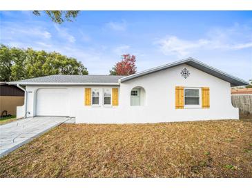 Charming single-story home featuring a white exterior, a light-colored roof, and a well-manicured front yard at 6543 Barcelona Blvd, Brooksville, FL 34602