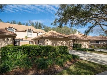 Two-story townhome with attached garage and lush landscaping at 17546 Fairmeadow Dr, Tampa, FL 33647