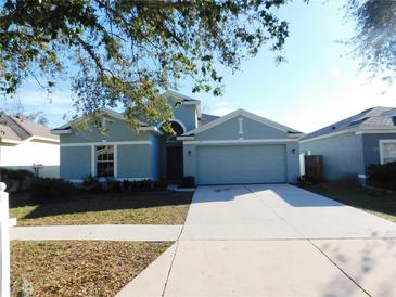 Single-story house with light blue exterior, two-car garage, and a well-maintained lawn at 504 Magnolia Pointe Ct, Seffner, FL 33584