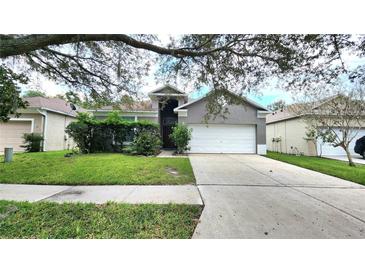 Gray house with white garage door and landscaping at 19130 Wood Sage Dr, Tampa, FL 33647