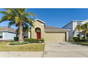 House exterior featuring a two-car garage and palm trees at 12410 Ballentrae Forest Dr, Riverview, FL 33579