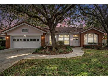Brick and pink house with a white garage door and landscaped lawn at 8703 Cypress Mill Ct, Tampa, FL 33647