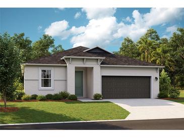 Single-story home with dark gray garage door and light-colored siding at 10237 Fieldstone Myrtle Way, San Antonio, FL 33576