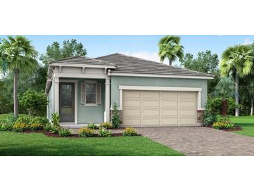 One-story home with a light teal exterior, two-car garage, and landscaping at 12094 New Tranquility Path, Venice, FL 34293