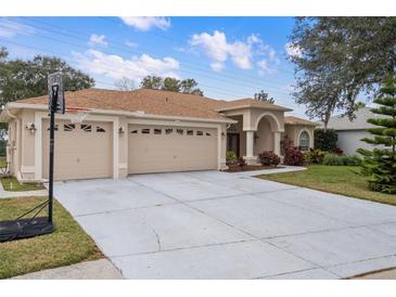 Tan house with three-car garage, basketball hoop, and manicured lawn at 2342 Edelweiss Loop, Trinity, FL 34655