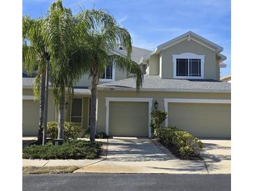 Tan two-story house with a two-car garage, and palm trees in front at 558 Harbor Ridge Dr, Palm Harbor, FL 34683