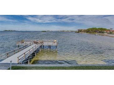Private wooden dock extends over calm water, offering scenic waterfront views at 464 N Paula Dr # 220, Dunedin, FL 34698