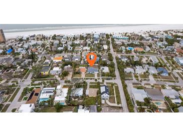 Aerial view showing home's location near beach at 956 Bruce Ave, Clearwater Beach, FL 33767