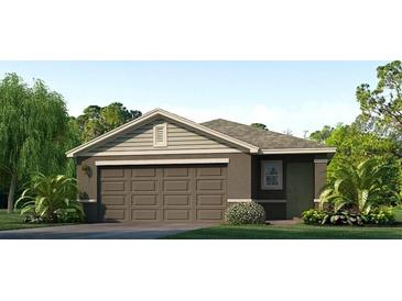 One-story home with brown siding, two-car garage, and landscaping at 17275 Whiskey Creek Trl, Parrish, FL 34219