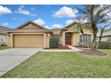 Tan one-story house with attached garage, landscaping, and palm trees at 19820 Morden Blush Dr, Lutz, FL 33558