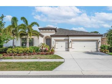 Two-story house with two-car garage, landscaping, and palm trees at 6442 Maiden Sea Dr, Apollo Beach, FL 33572