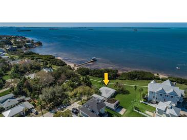 Aerial view showcasing a waterfront home with lush landscaping and a private dock at 610 Indiana Ave, Crystal Beach, FL 34681