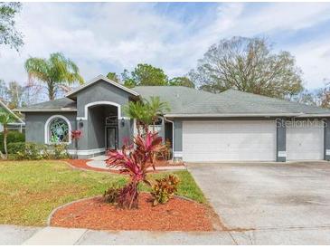 Gray house with two-car garage and landscaped front yard at 23635 Oakside Blvd, Lutz, FL 33559