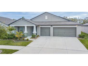 One-story home with gray exterior, two-car garage, and landscaped yard at 10832 Sage Canyon Dr, Riverview, FL 33578