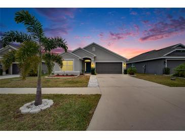 Gray one-story house with a two-car garage and landscaped yard at 14525 Scottburgh Glen Dr, Wimauma, FL 33598