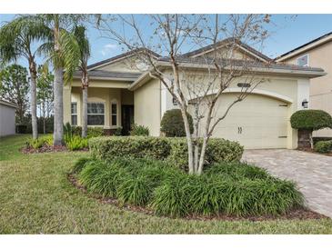 Single-story home with landscaped yard, paved driveway, and two-car garage at 2721 Tarragona Way, Wesley Chapel, FL 33543