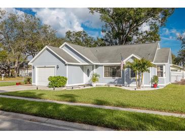 Cute light blue house with a nicely landscaped lawn and white garage door at 3102 Jarvis St, Holiday, FL 34690