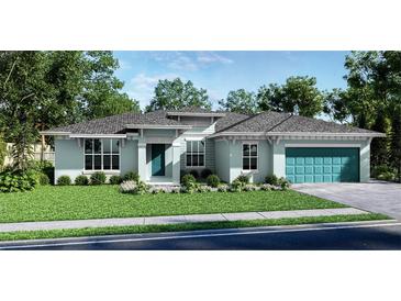 One-story house with teal garage door, light blue walls, and a neatly landscaped lawn at 9032 Evelyn Rd, Englewood, FL 34224